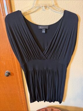 INC International Concepts Black Faux-Wrap Empire-Waist Tunic Top